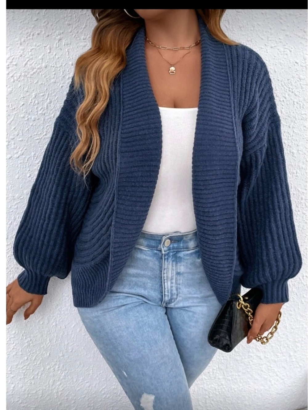 Cozy Open-Front Ribbed Knit Cardigan - Blue